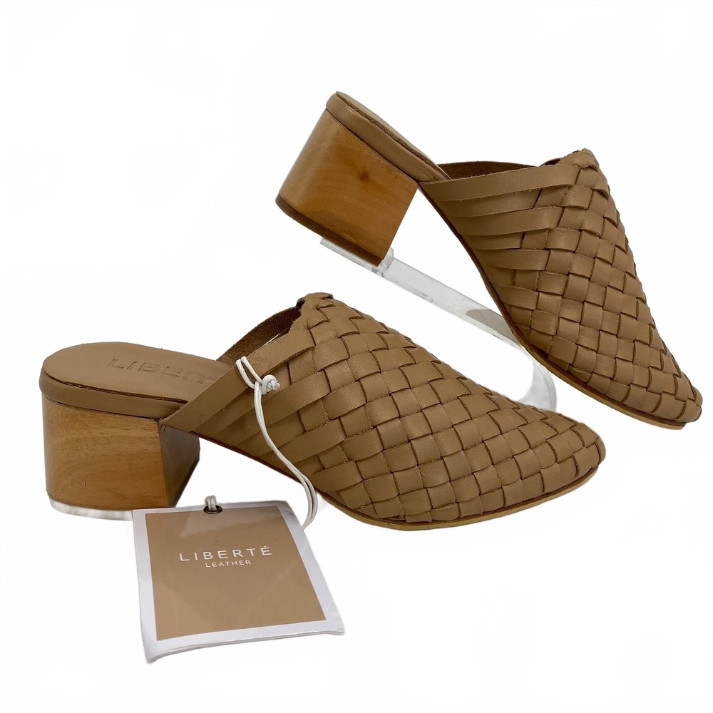 Liberte Tan Woven Leather Heeled Mules | Women’s Size 8
